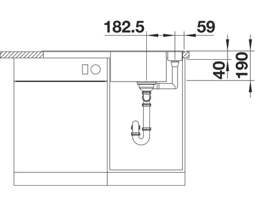 Dessin coté d''un évier avec meuble bas et indications de dimensions