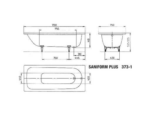 Schéma technique de la baignoire Saniform Plus 373-1 avec indications de dimensions