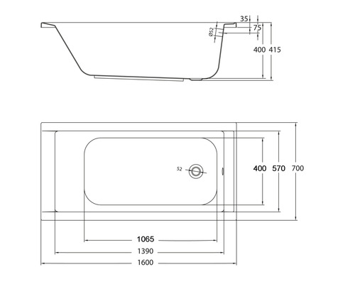 Schéma technique d''une baignoire avec dimensions