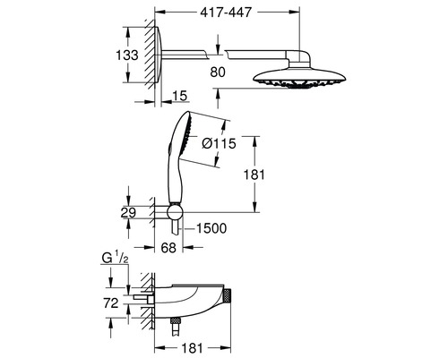 Schéma technique d''un système de douche avec pomme de tête, douchette à main et mitigeur thermostatique avec dimensions
