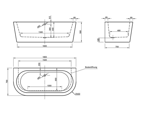 Technische Zeichnung einer Badewanne mit Maßen