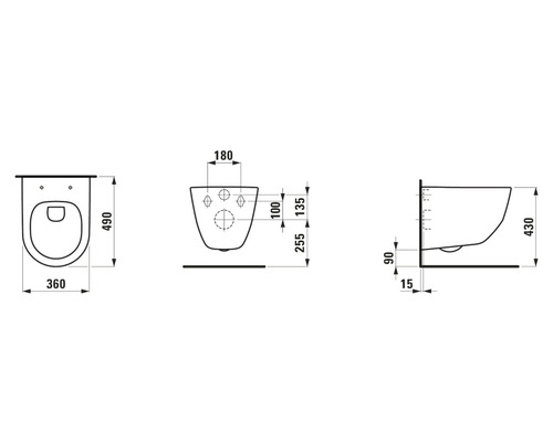 Schéma technique de toilettes suspendues avec indications de dimensions
