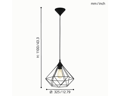 Hängeleuchte mit geometrischem Lampenschirm und Maßangaben