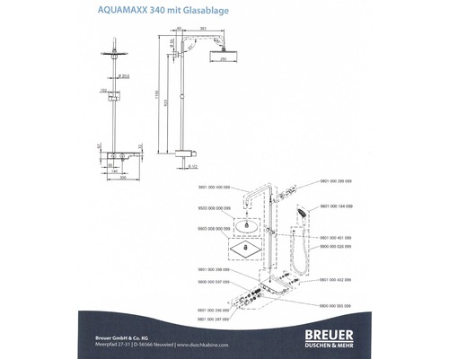 Dessin technique de la douche Aquamaxx 340 avec étagère en verre