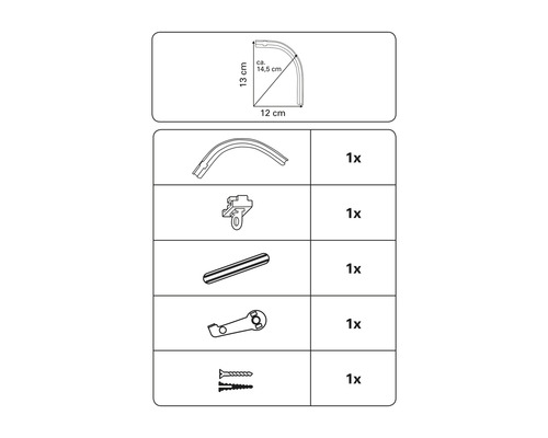 Schematische Darstellung von Gardinenstangenzubehör mit Maßangaben