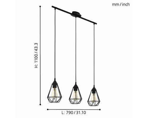 Suspension avec trois lampes et abat-jour géométriques, les dimensions sont indiquées