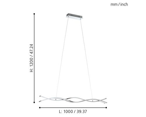 Abbildung einer Pendelleuchte mit den Maßen Höhe 1200 Millimeter und Länge 1000 Millimeter.