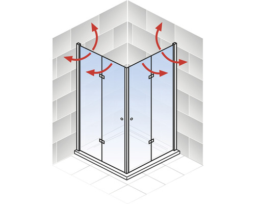 Douche d''angle avec flèche rouge indiquant la liberté de mouvement