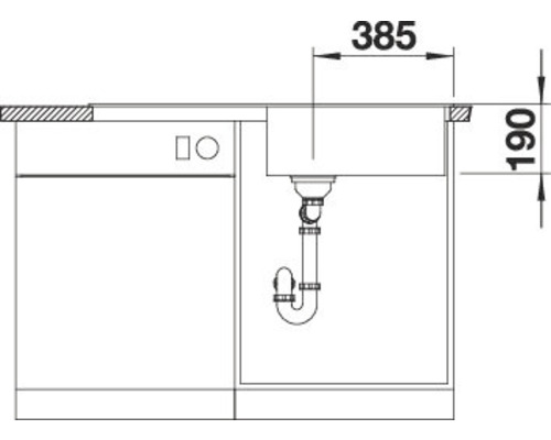 Technische Zeichnung eines Spülbeckens mit Abmessungen 385 und 190.