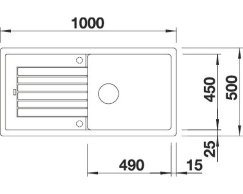 Technische Zeichnung einer Küchenspüle mit Maßangaben.