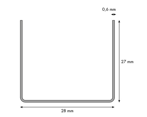 Schéma technique d''un profilé en U avec des dimensions de 28 mm de largeur, 27 mm de hauteur et une épaisseur de matériau de 0,6 mm