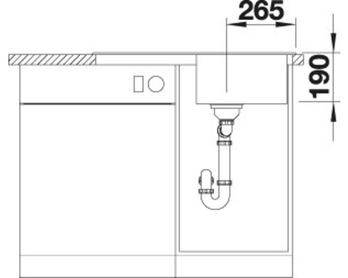 Schéma technique d''un évier avec des dimensions de 265 sur 190 millimètres.