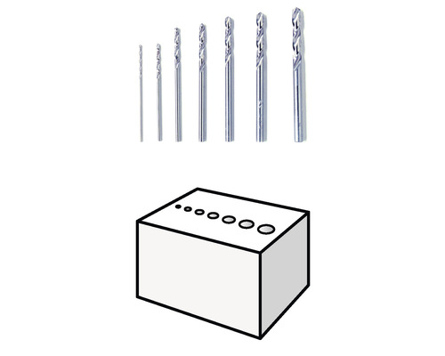 Ensemble de forets à métaux avec une représentation des différents diamètres de perçage dans un bloc