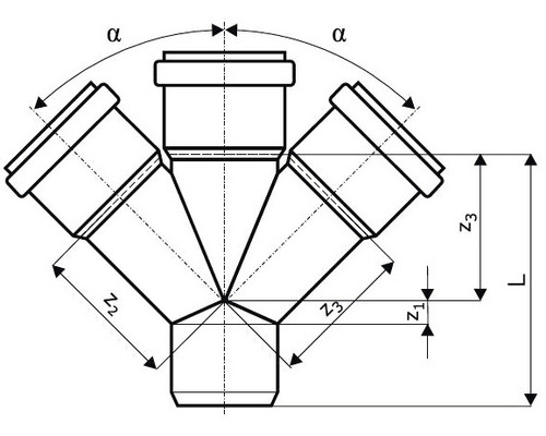 Dessin technique d''un raccord de tuyau d''évacuation triple avec indications d''angle et cotes
