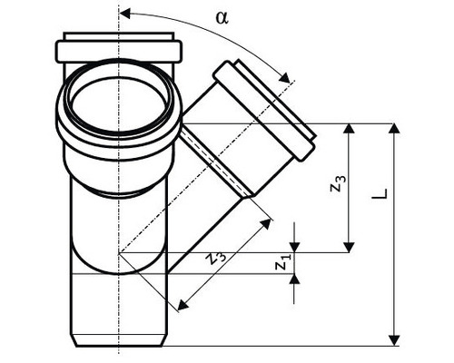 Dessin technique d''un raccord en T pour tuyau d''évacuation avec indications d''angle et mesures de longueur