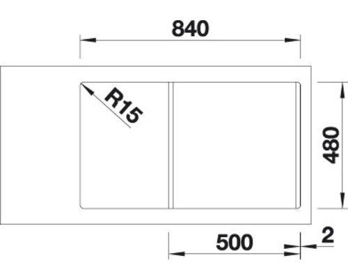 Dessin technique d''un évier avec les dimensions 840, 480 et 500 millimètres