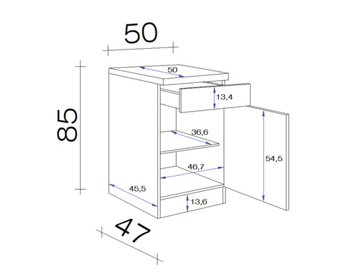 Dessin d''un meuble bas avec tiroir, porte et étagères, les dimensions sont indiquées