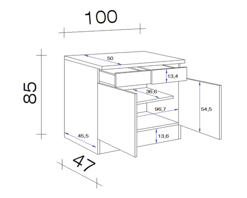 Dessin technique d''un meuble bas avec tiroirs et compartiments ouverts avec dimensions