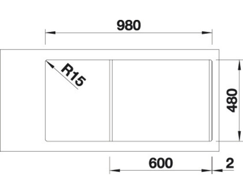 Schéma technique d''un évier avec les dimensions 980 x 480 mm