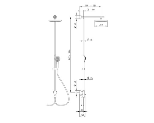 Dessin technique d''un système de douche avec dimensions