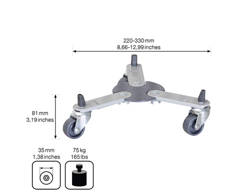 Universalständer mit Rollen und technischer Zeichnung