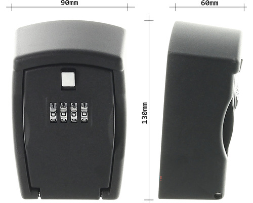 Boîte à clés avec code numérique et dimensions de 90 mm de largeur, 130 mm de hauteur et 60 mm de profondeur.