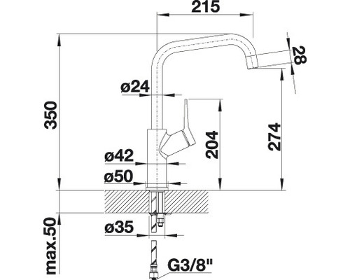 Schéma technique d''un robinet de cuisine avec des dimensions.