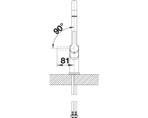 Dessin technique d''un robinet avec dimensions : angle de 90 degrés, hauteur de 81 millimètres