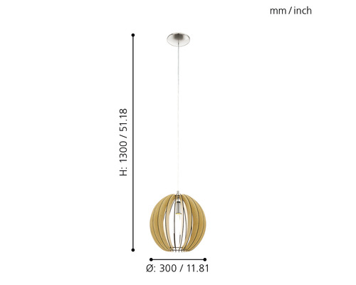 Hängeleuchte mit kugelförmigem Lampenschirm und Größenangaben