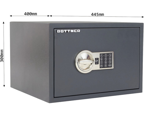 Coffre-fort Rottner gris avec serrure à combinaison numérique et dimensions de 445 x 400 x 300 millimètres
