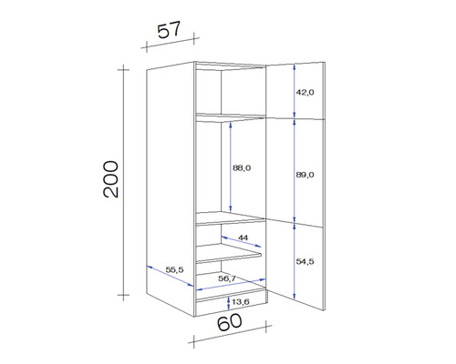 Dessin technique d''une armoire ouverte avec des mesures.