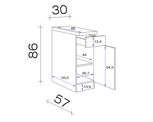 Dessin technique d''un meuble haut avec tiroir et dimensions