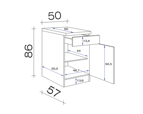 Schéma technique d''un meuble bas avec tiroir et porte avec dimensions
