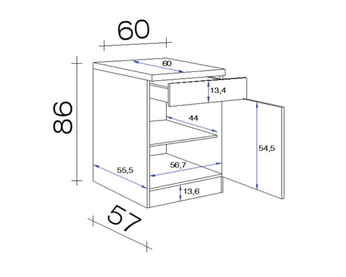 Schéma technique d''un meuble bas avec tiroir et porte, avec indications de dimensions