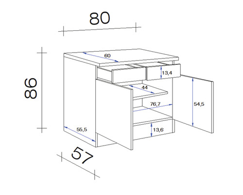 Dessin d''un meuble bas avec tiroirs et compartiments ouverts et indications de dimensions