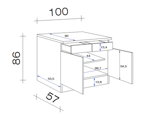 Schéma technique d''un meuble bas avec tiroirs et compartiments ouverts avec dimensions