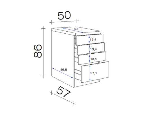 Dessin technique d''un meuble bas avec tiroirs et indications de dimensions.