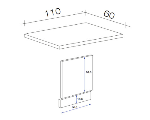 Schéma technique d''un lavabo avec des dimensions de 110 par 60 centimètres pour le plateau et 54,5 par 60 centimètres pour le panneau.