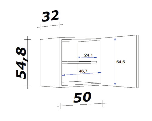 Schéma d''un meuble haut avec les dimensions 32 x 54,8 x 50 centimètres