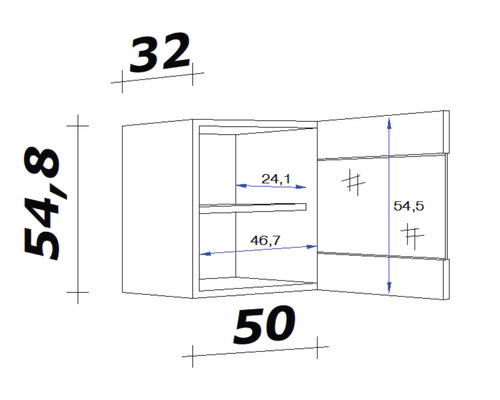 Technische Zeichnung eines Hängeschranks mit den Maßen 32 x 54,8 x 50 cm.