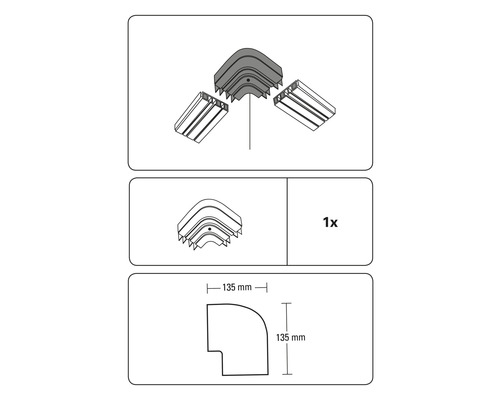 Illustration eines Kabelkanals Eckstücks mit den Maßen 135 mal 135 Millimeter