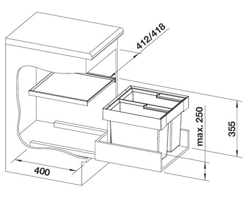 Schéma d''un système de poubelle pour meubles bas avec indications de taille