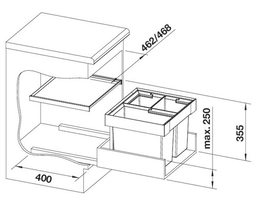 Dessin technique d''un meuble de cuisine avec compartiment poubelle et indications de dimensions