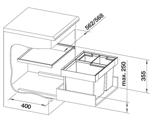 Schéma technique d''un système de tri des déchets avec indications de dimensions