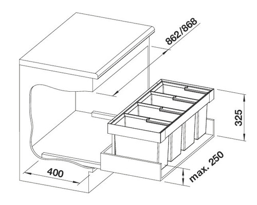 Dessin technique d''un meuble bas avec système de tri des déchets et indications de dimensions