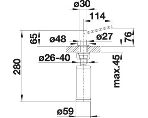 Technische Zeichnung einer Küchenarmatur mit Massangaben