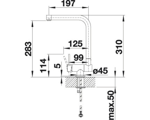 Schéma technique d''un robinet de cuisine avec indication des dimensions