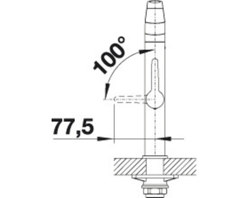 Schéma technique d''un robinet avec dimensions 77,5 et 100 degrés
