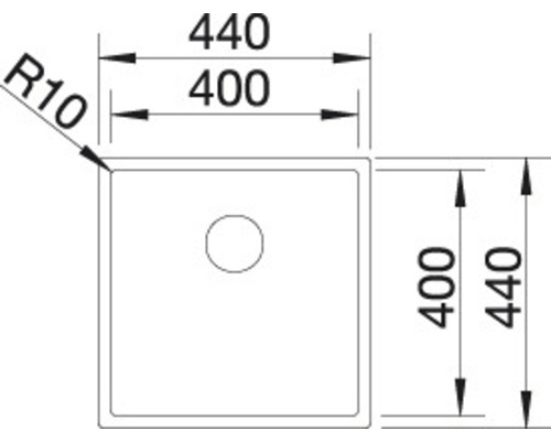 Dessin technique d''un lavabo carré mesurant 400 mm par 400 mm et 440 mm par 440 mm.