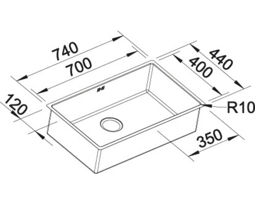 Schéma technique d''un évier avec dimensions.